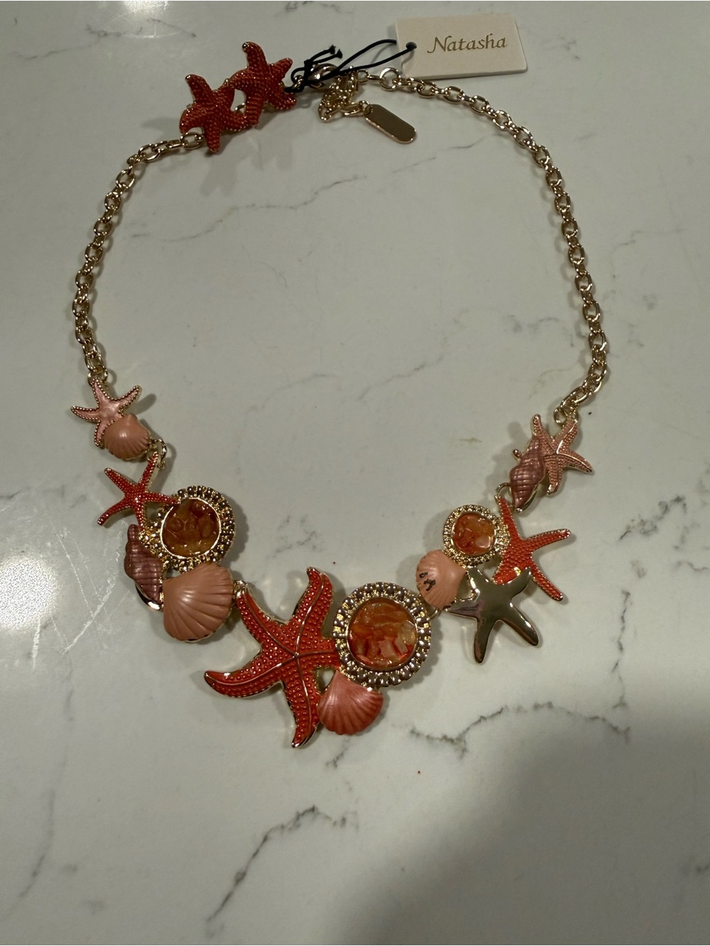 Natasha Couture Coral & Pink Starfish Shell Necklace & stud earrings